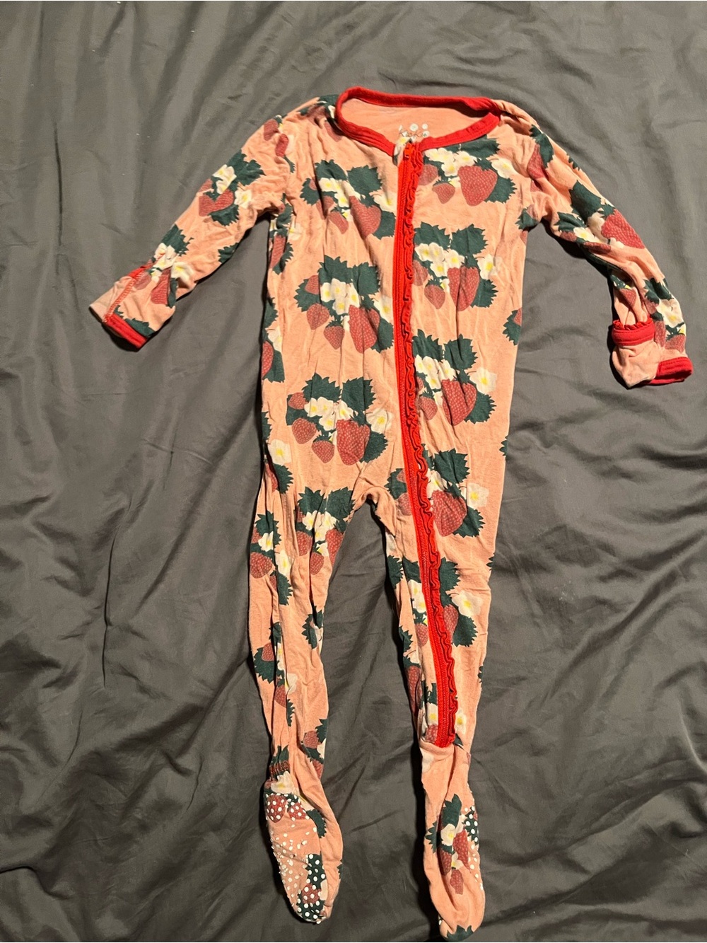 Kickee Pants Peach Strawberry Print Footie with Red Trim